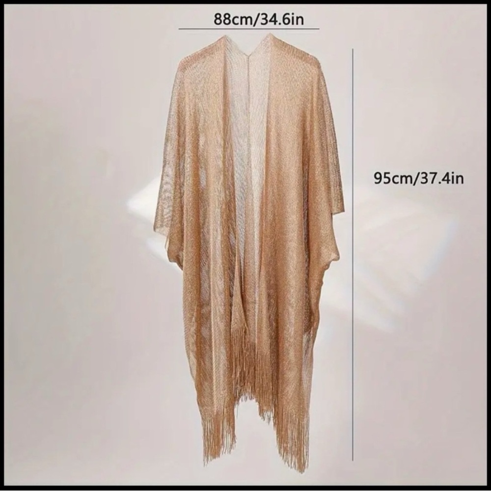 BOUTIQUE  Metallic Net Fringed Cover Up, Tassel Semi Sheer - Picture 7 of 8